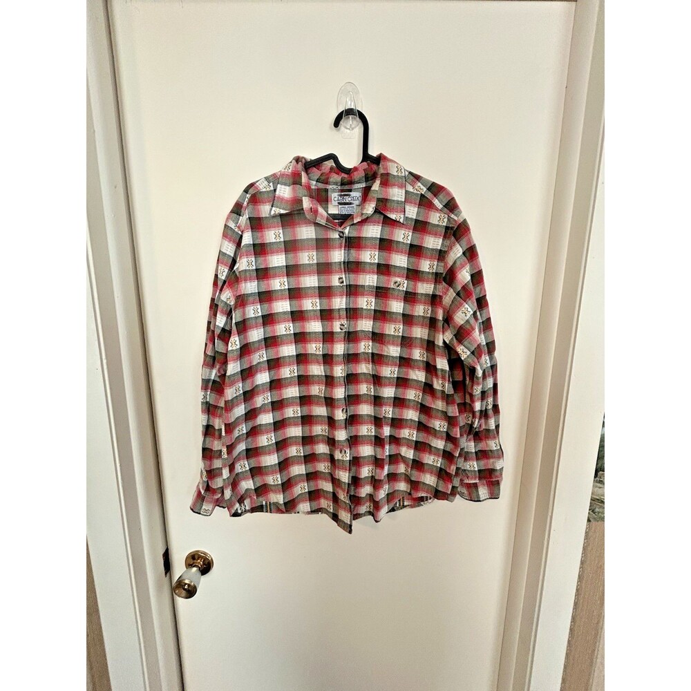 Cabin Creek Plaid Button Up Aztec Flannel Shirt Women's Large Western Green Red
